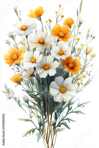 Delicate watercolor illustration of a bouquet with white and yellow flowers on a light background	