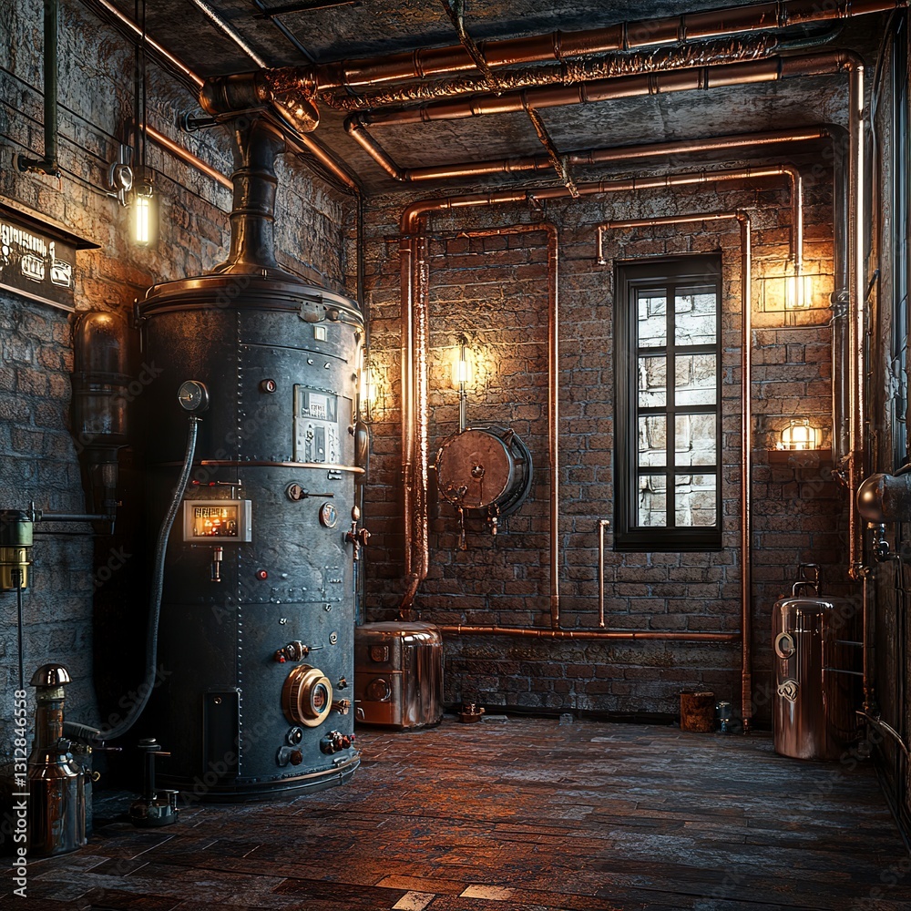 custom made wallpaper toronto digitalGas boiler in a rustic basement, surrounded by exposed brick walls and copper pipes, warm lighting creating a cozy atmosphere, ultra-detailed and photorealistic
