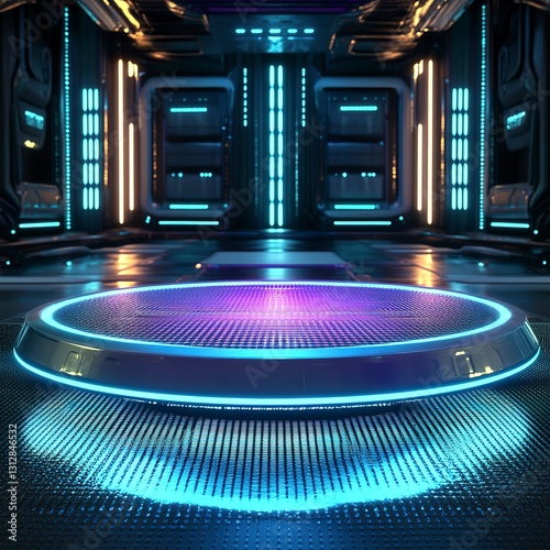 Futuristic trampoline, glowing surface with dynamic light effects, placed in a sleek and modern environment, ultra-detailed, sci-fi aesthetic