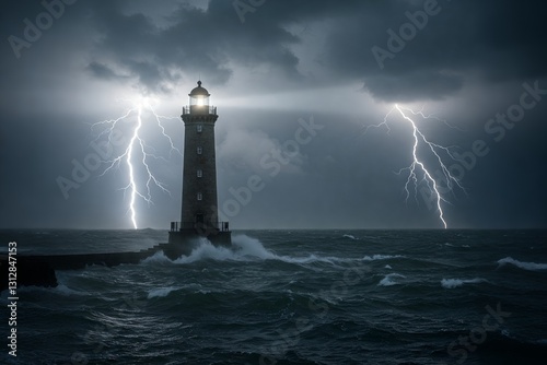 A lighthouse standing tall against a stormy sea. photo