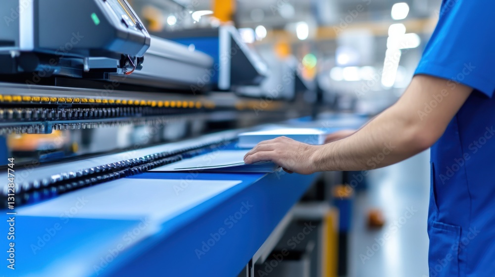 Naklejka premium Worker Handling Papers on Automated Production Line in Modern Manufacturing Facility for High-Efficiency Production