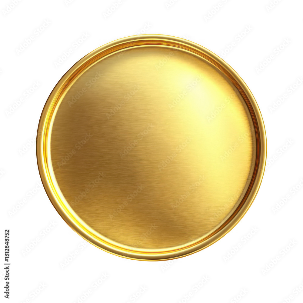 Golden circular badge, top view, white background Golden circular badge, top view, white background