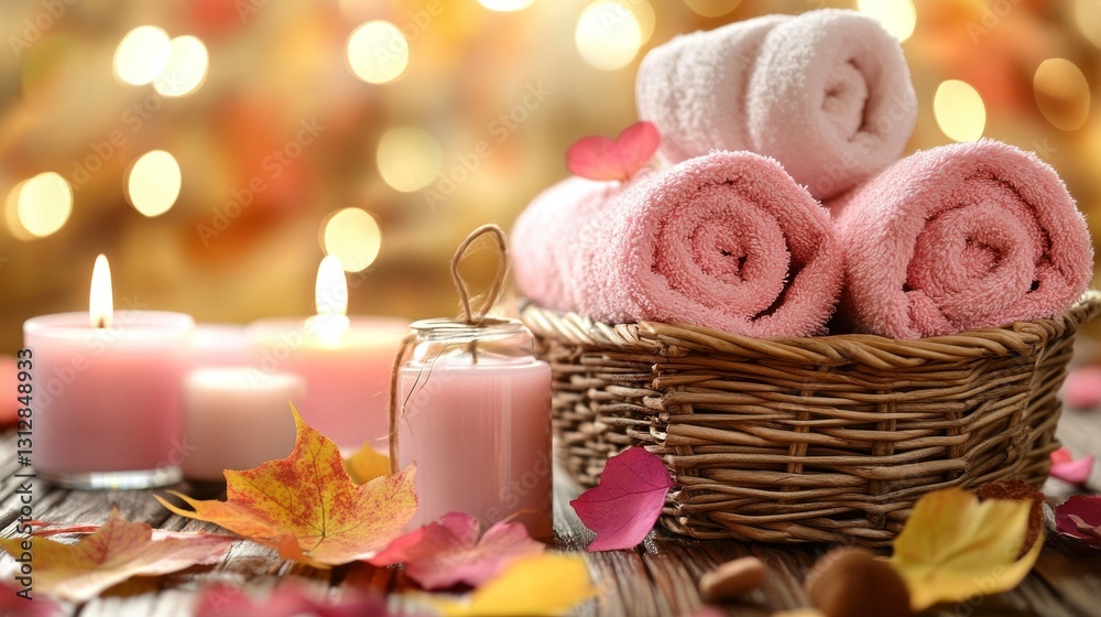 Relaxing Spa Scene with Towels, Candles, and Autumn Leaves Relaxing Spa Scene with Towels, Candles, and Autumn Leaves