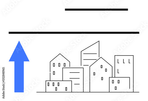 Blue upward arrow rising above minimalist cityscape with varied buildings. Ideal for urban development, growth, real estate, progress, innovation, success, expansion. Flat simple metaphor