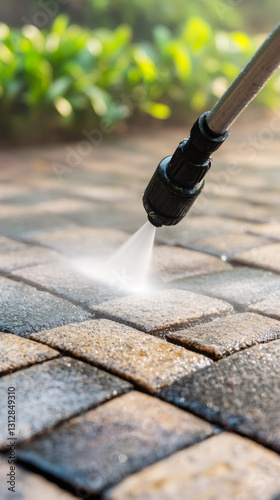 High-pressure water jet cleaning brick pavement, removing dirt and grime, restoring garden pathway to pristine condition