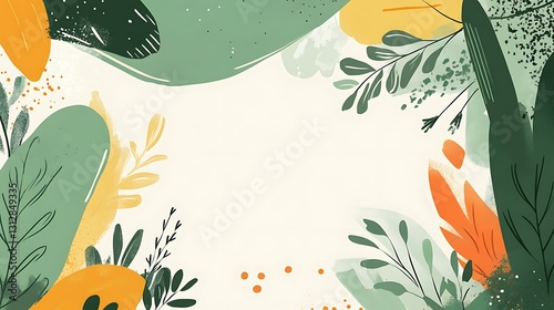 Abstract floral frame with green, orange, and yellow leaves on a cream background