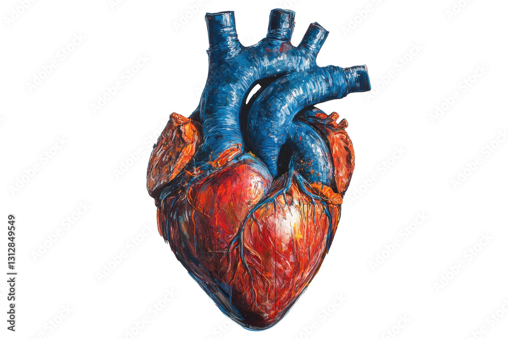 Naklejka premium Detailed anatomical heart illustration showcasing vascular structure and human anatomy in a colorful, artistic representation