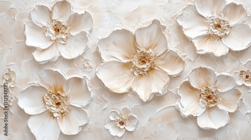 An oil-textured 3D painting of spring flowers on canvas features beautiful abstract white and beige blooms.