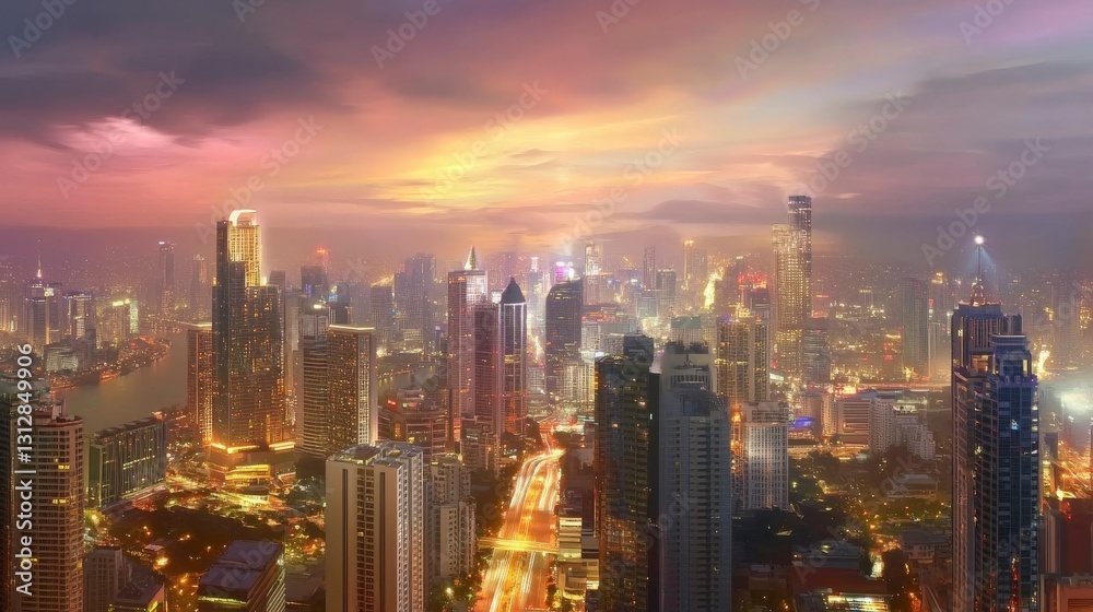 Fototapeta premium Vibrant and dynamic city skyline during golden hour