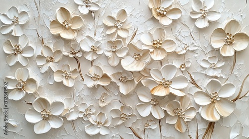 An oil-textured 3D painting of spring flowers on canvas features beautiful abstract white and beige blooms.