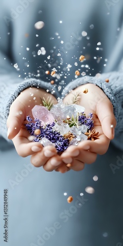 Female hands holding crystals, lavender flowers, and star anise with magical sparkles and bokeh effects against soft blue background, creating mystical atmosphere.