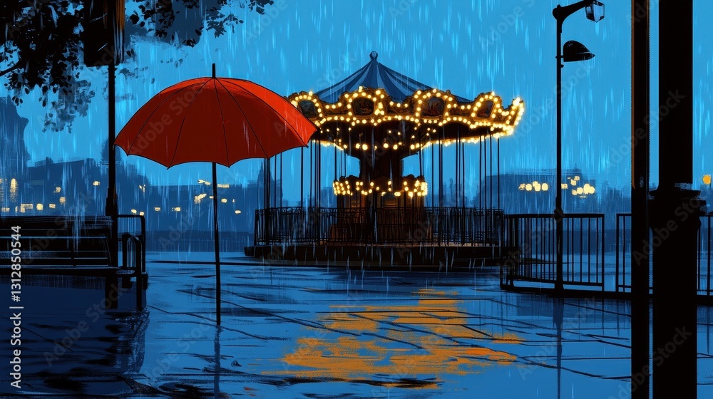 A rainy evening scene features a carousel with lights and an umbrella A rainy evening scene features a carousel with lights and an umbrella