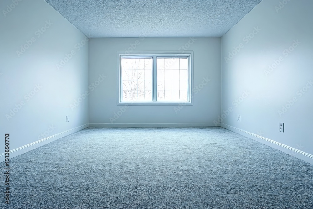 Empty room with soft blue carpets and large window allowing natural light during daytime Empty room with soft blue carpets and large window allowing natural light during daytime