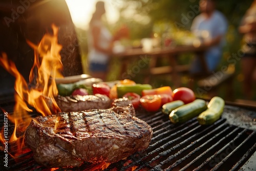 BBQ meat ai generated art featuring burgers and steak on a flame grill