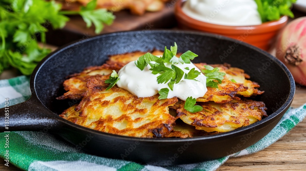 Crispy Potato Pancakes with Sour Cream and Herbs Delicious Food Photography Crispy Potato Pancakes with Sour Cream and Herbs Delicious Food Photography