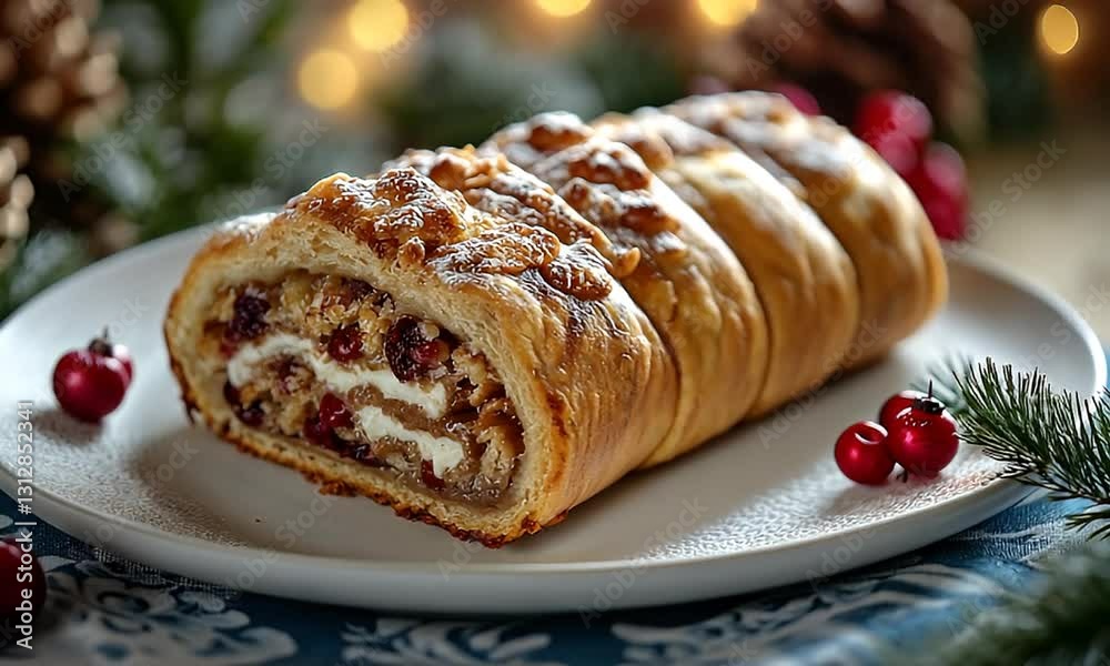 A festive strudel with filling and cranberries, served on a decorative plate. A festive strudel with filling and cranberries, served on a decorative plate.