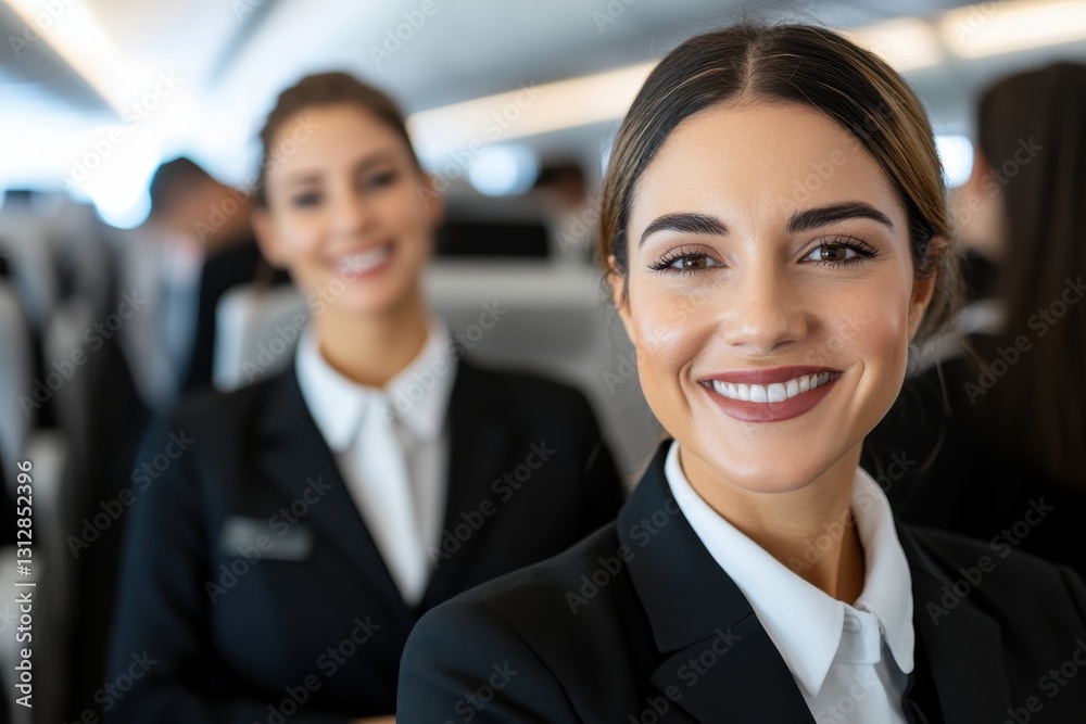 A group of cheerful flight attendants pose for a friendly photo in a luxury aircraft, showcasing professionalism and hospitality in aviation. A group of cheerful flight attendants pose for a friendly photo in a luxury aircraft, showcasing professionalism and hospitality in aviation.