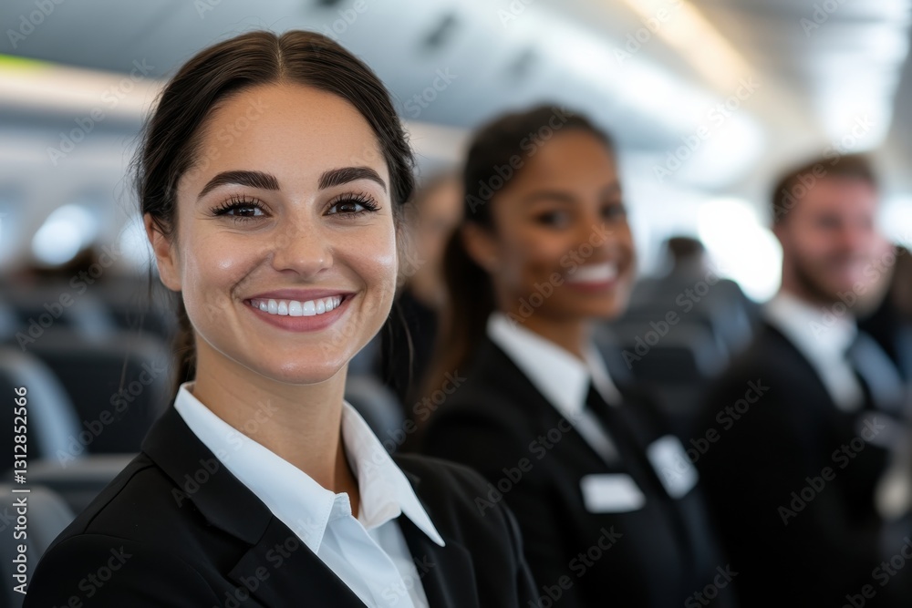 A smiling flight attendant stands in a luxury aircraft interior, promoting warmth and personalized service amidst a sophisticated travel environment.