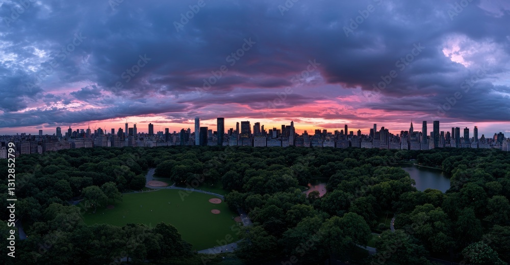 Fototapeta premium A breathtaking aerial view of Central Park features lush nature, trees, and people enjoying a picnic or resting in a field surrounded by Manhattan's cityscape and skyscrapers during a warm sunset