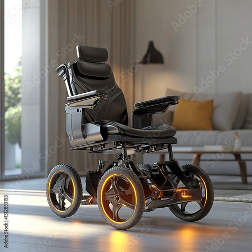 Modern electric wheelchair, sleek metallic design with glowing controls, placed in a bright minimalistic living room, ultra-detailed and photorealistic