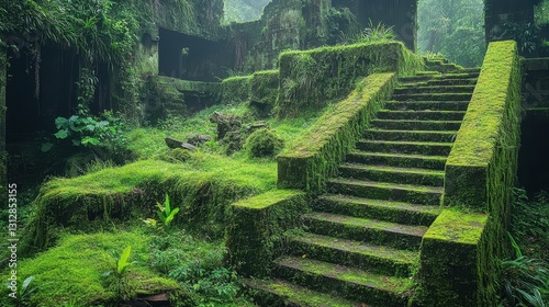 Ancient green ruins of a historical building, completely covered in lush moss and grass, evoke a sense of timelessness and nature reclaiming man-made structures.