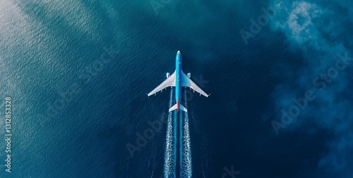 An airplane is seen from above as it flies over the deep ocean, shining a light on the city grids beneath