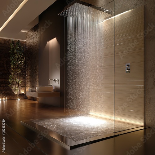 Modern shower with sleek glass panels, water cascading down in a soft stream, illuminated by warm ambient lighting, ultra-detailed and photorealistic