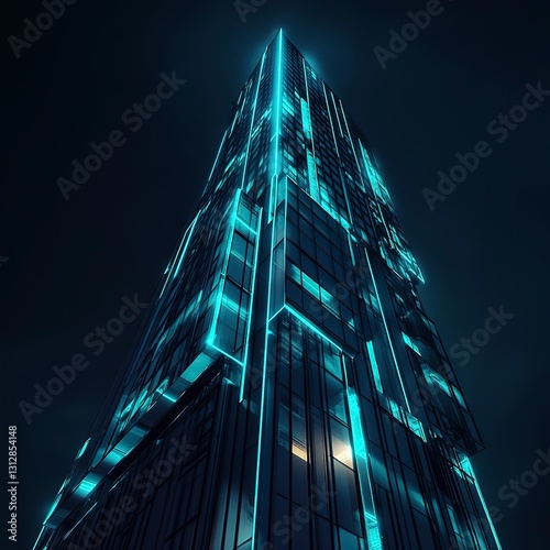 Modern skyscraper with glowing blue and green LED lights, reflecting off sleek glass panels, set against a dark night sky, ultra-detailed, photorealistic and futuristic