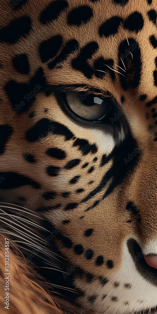 Naklejka premium Close-up macro shot of leopard eye and face showing detailed spots, fur texture, and intense gaze. Dramatic lighting highlights natural patterns and markings.