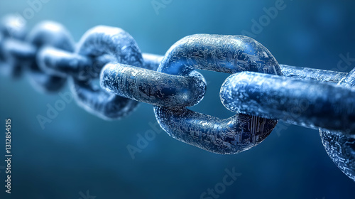 Close-up of a Metallic Chain Link with Blue Background