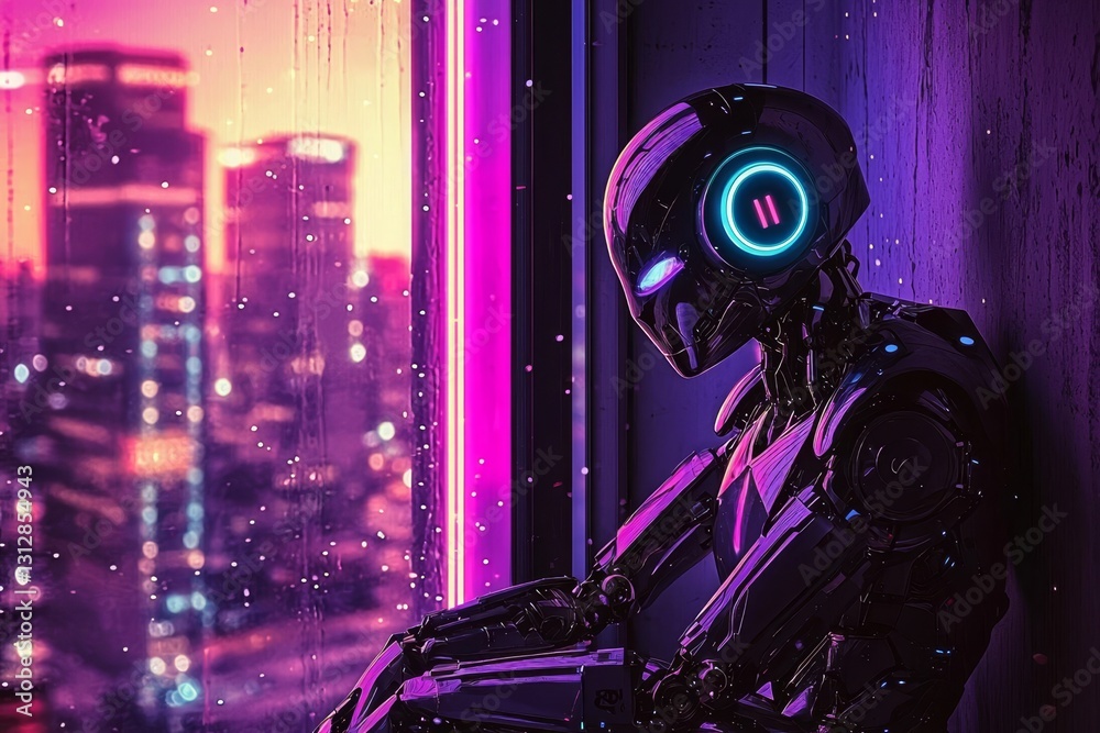 Fototapeta premium A melancholic robot gazes out the window.