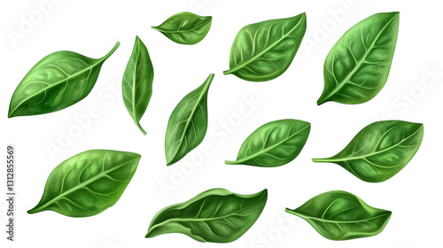 Fresh spinach leaves with crisp green texture, isolated on transparent white background 