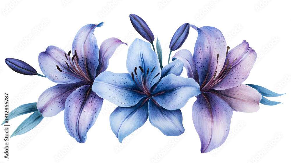 Fototapeta premium Cluster of blue and violet lily flowers, isolated on transparent white background.