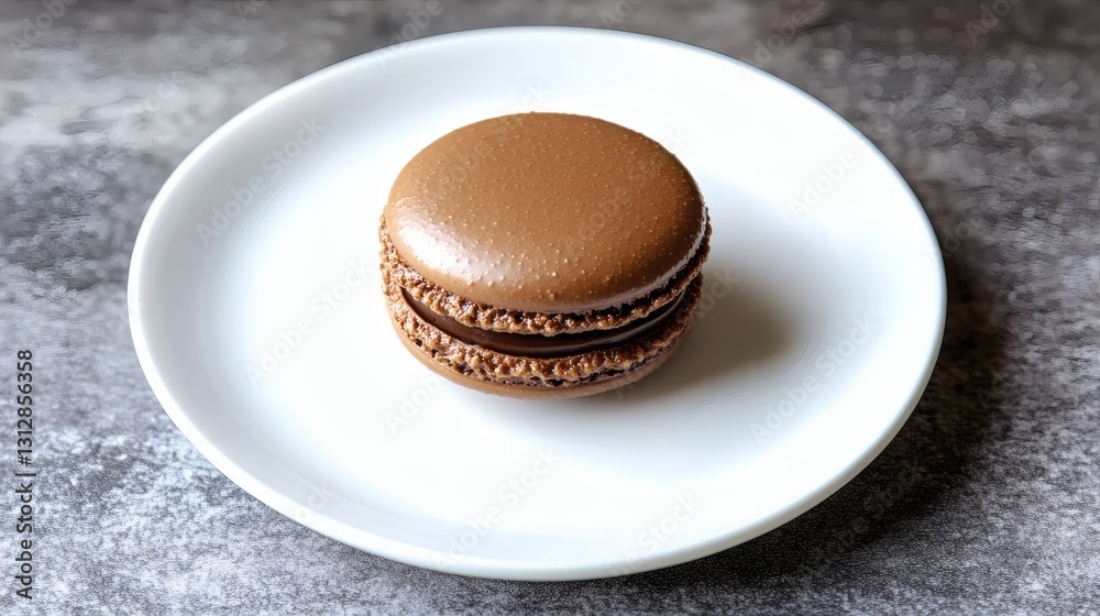 Exquisite single chocolate macaron on a pristine white plate presented elegantly Exquisite single chocolate macaron on a pristine white plate presented elegantly