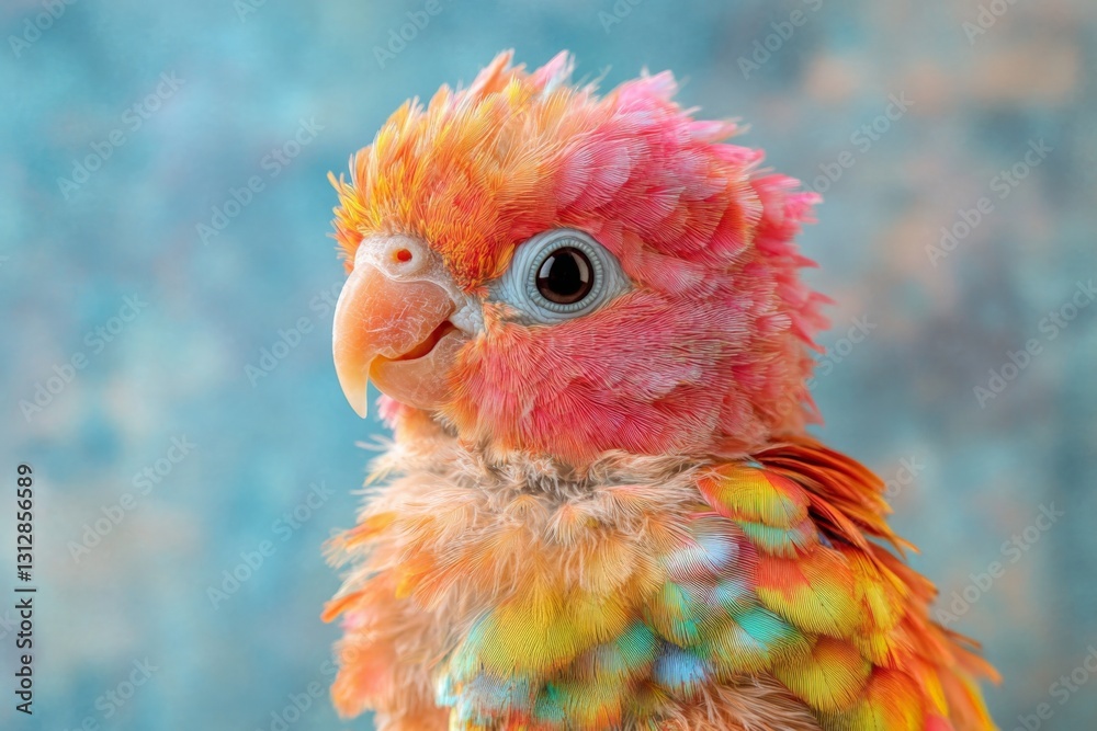 Fototapeta premium Colorful parrot displays vibrant feathers against a soft blue background in a close-up view