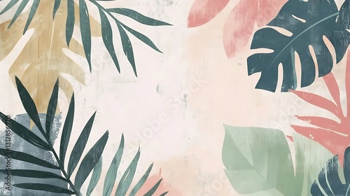Pastel tropical leaves border on cream textured background.  Space for text