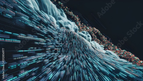 digital data stream with glowing blue particles in high speed motion