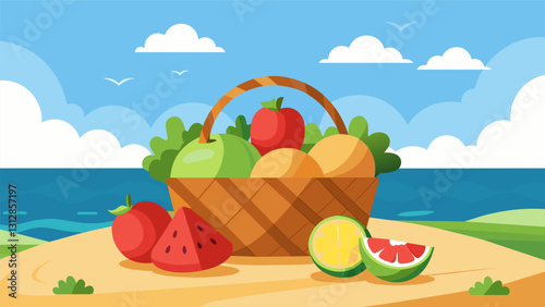 Take your beach picnic up a notch with a basket boasting an assortment of colorful fruits like plump strawberries tangy kiwis and crisp apples.. Vector illustration