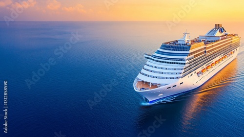 A large cruise ship sailing across an expansive ocean waterway