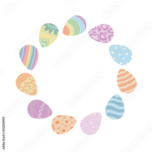 Happy Easter. A round frame of bright Easter eggs, with space to copy. Vector design in a flat style. Easter holiday seasonal postcard, banner, poster, element, background
