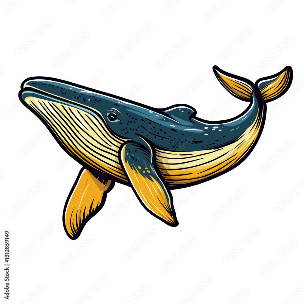 Fototapeta premium A cute Whale in sticker style, full body visible, bold outlines, slight drop shadow, glossy effect, white background
