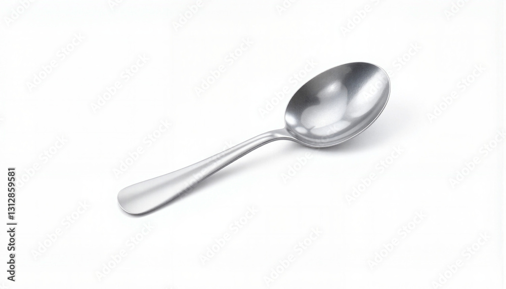 Shiny stainless steel spoon on white background, minimalist elegance