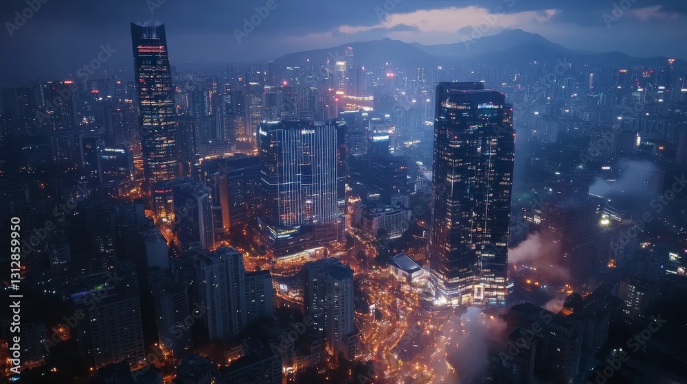 Fototapeta premium Urban Skyline at Dusk with Glowing Skyscrapers and Fog