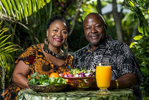 A healthy outdoor meal is being enjoyed by an older African American couple