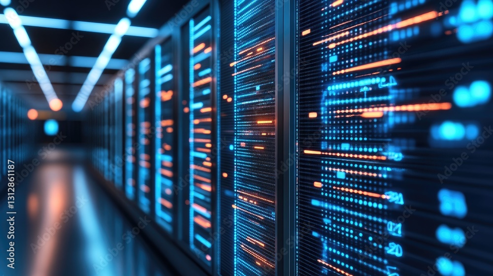 Server racks processing data in data center, lights glow. Background blurred for depth perception Server racks processing data in data center, lights glow. Background blurred for depth perception