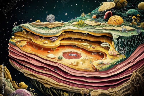 An artistic cross section of imagined layered landscape with plants
