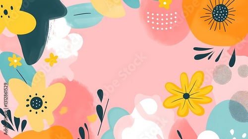 Pink background with colorful abstract floral design, creating a border