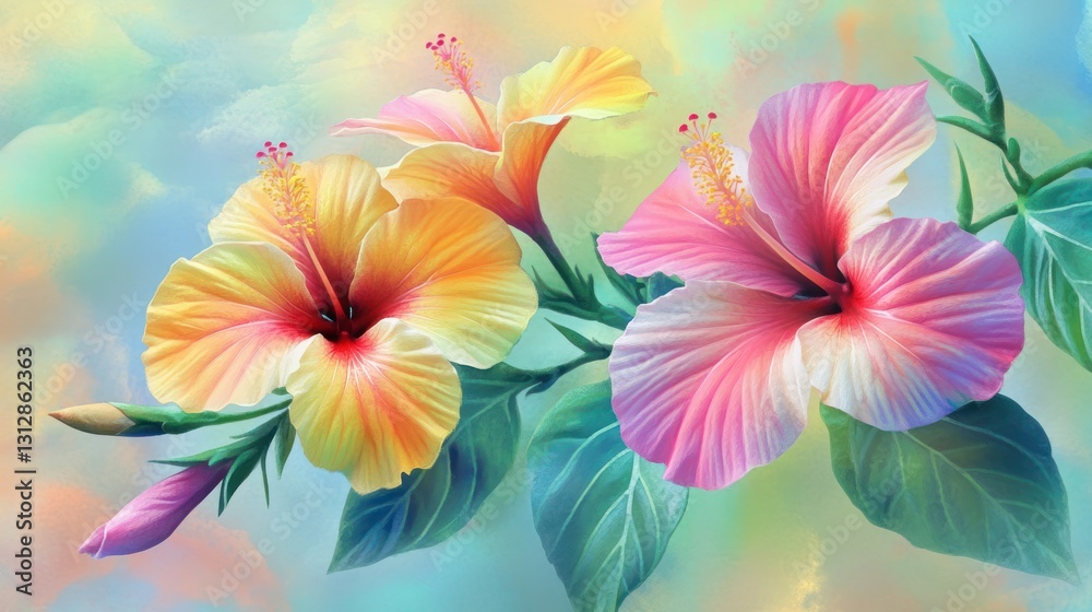Fototapeta premium Vibrant Hibiscus Blossoms in Pastel Skies