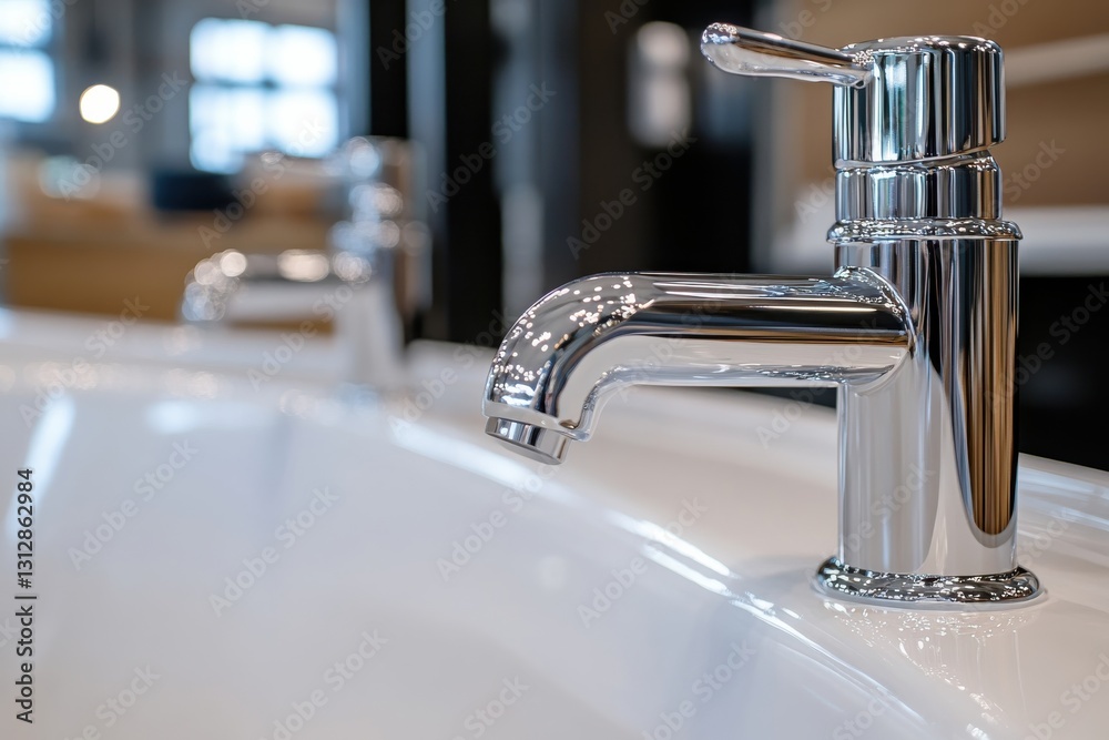An elegant chrome faucet stands above a smooth white sink, showcasing modern craftsmanship in bathroom design while enhancing the overall aesthetic appeal. An elegant chrome faucet stands above a smooth white sink, showcasing modern craftsmanship in bathroom design while enhancing the overall aesthetic appeal.
