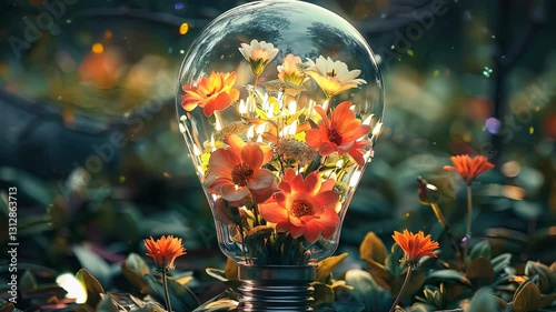 a bulb with flowers blooming in it, idea, idea bulb, solution concept, Blooming Idea Bulb Concept
